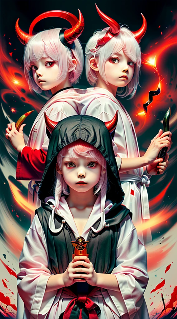 Highest quality, movie quality, the battle between the devil and the god of death, the devil (girl, 10 years old, red hair, wearing a tsuntsun head and horn, red aura), Shinigami (boy, 9 years old, white hair, straight hair, hooded robe, black sickle), the background is Tsukiyo and Venice