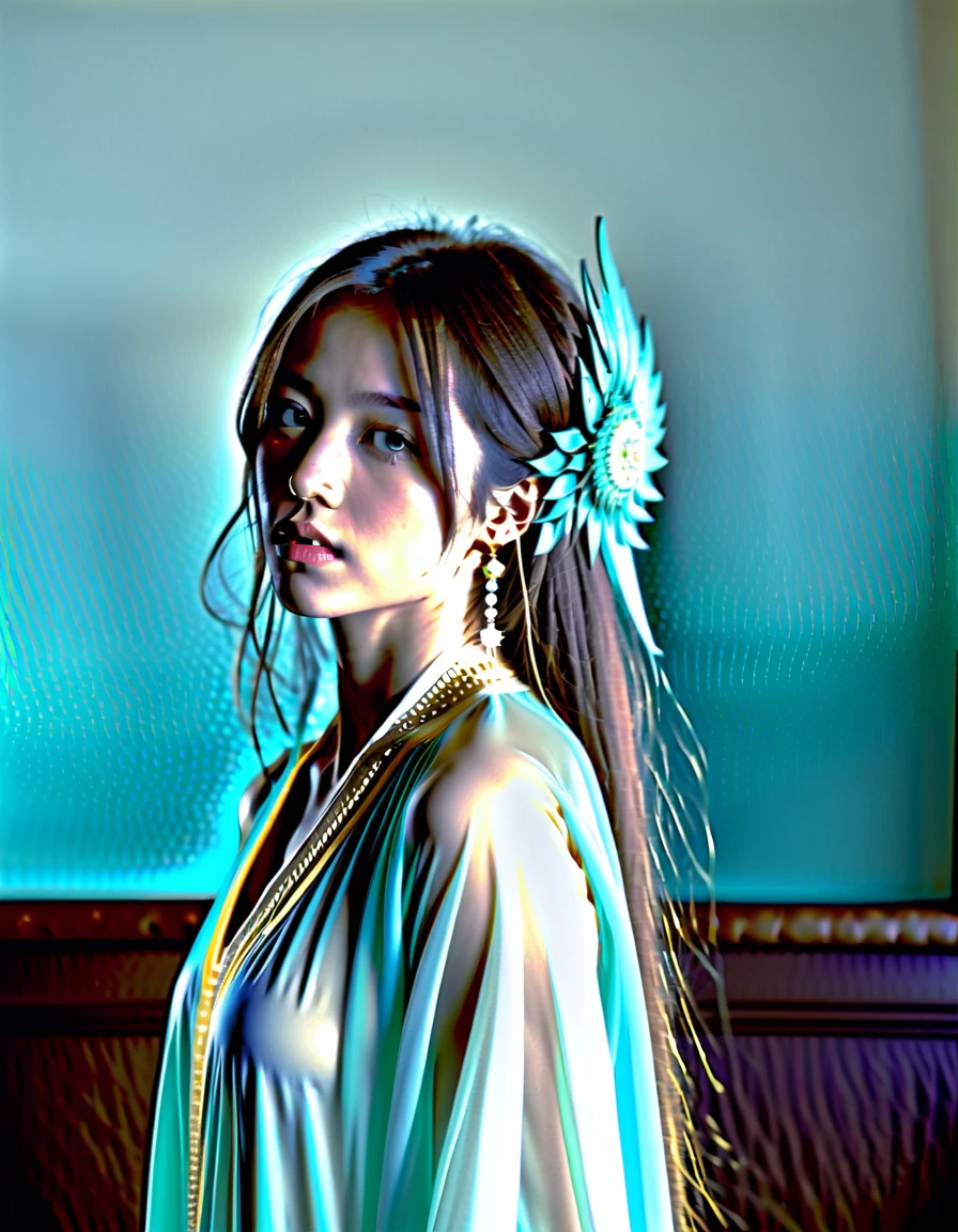 a woman wearing an oriental dress standing inside a room with decorations, in the style of light sky blue and light emerald, cute and dreamy,light beige and yellow, vintage academia, elegant clothing, white and emerald, in the style of light white and light emerald, light sky blue and light gold, vintage academia, chinapunk, embroidery, loose and fluid style, luminous quality, influenced by ancient chinese art, colorful costumes,(best quality at best,4K,8K,a high resolution,tmasterpiece:1.2),ultra-detailed,(actual,realistically,realistically:1.37),(8k, RAW photo, best quality, masterpiece:1.2), (photorealistic, realistic:1.4),
(200mm Sigma f/1.2 ZEISS lens, F1.2, 1/200s, ISO 100, photograpy:1.4), (professional lighting, cinematic lighting, soft lighting, Bright:1.2),
delicate, ultra-detailed, beautiful, extremely detailed eyes and face,
