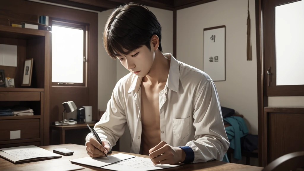 White corean adolescent man at his room writing a letter down suspense style with a suspicious look open photography low lights stripped clothes