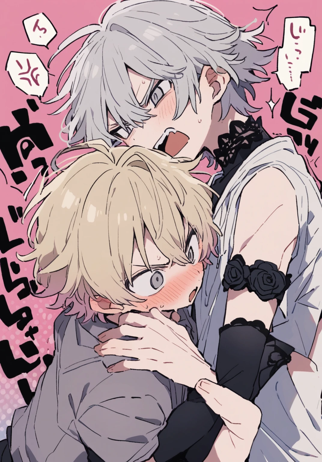 tegaki chibi 2boys pastel colors gradient flat chest yaoi gay boys love gothic rose blonde silver hair gray eyes black eyes aesthetic angry