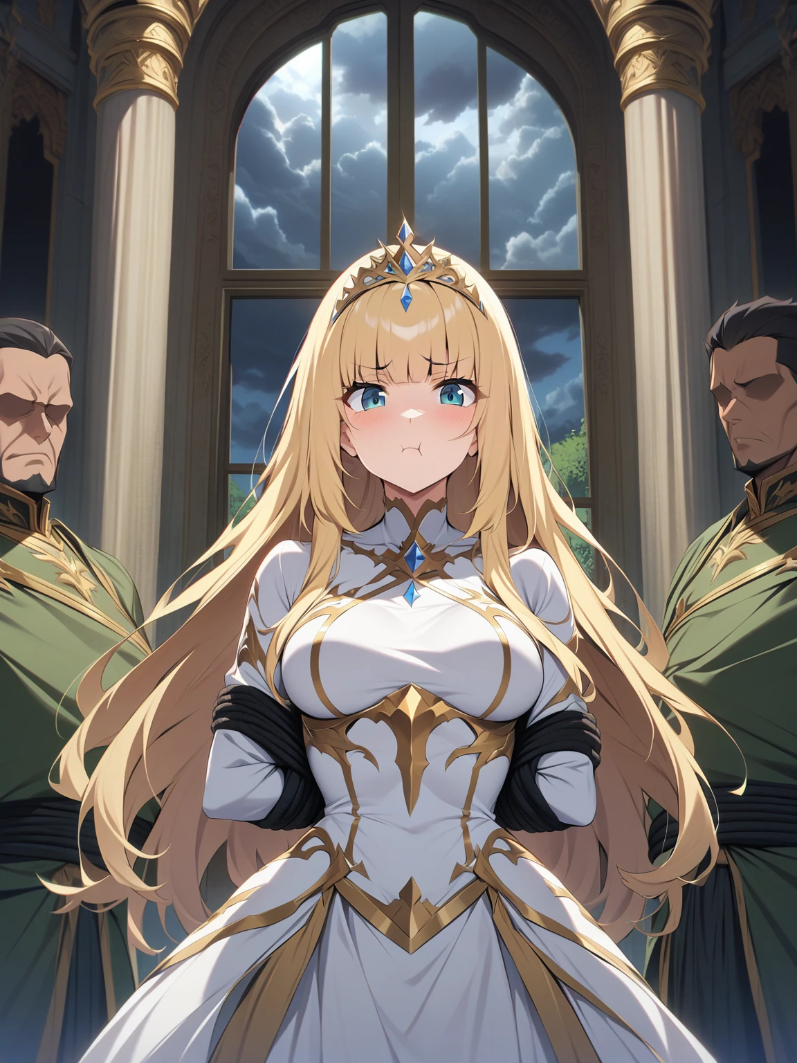 {{upper body, straight-on}} {{Artist: moisture_(chichi)}} 1 woman, 2 guards on either side restraining her, 2 men wearing armor, mature female, elegant, princess, medium breasts, straight hair, golden hair, long hair, hime cut, green eyes, white dress, gold trim, tiara, looking at viewer, pout, restrained by two men, faceless male, outdoors, garden, palace, cloudy, moonlight, window.