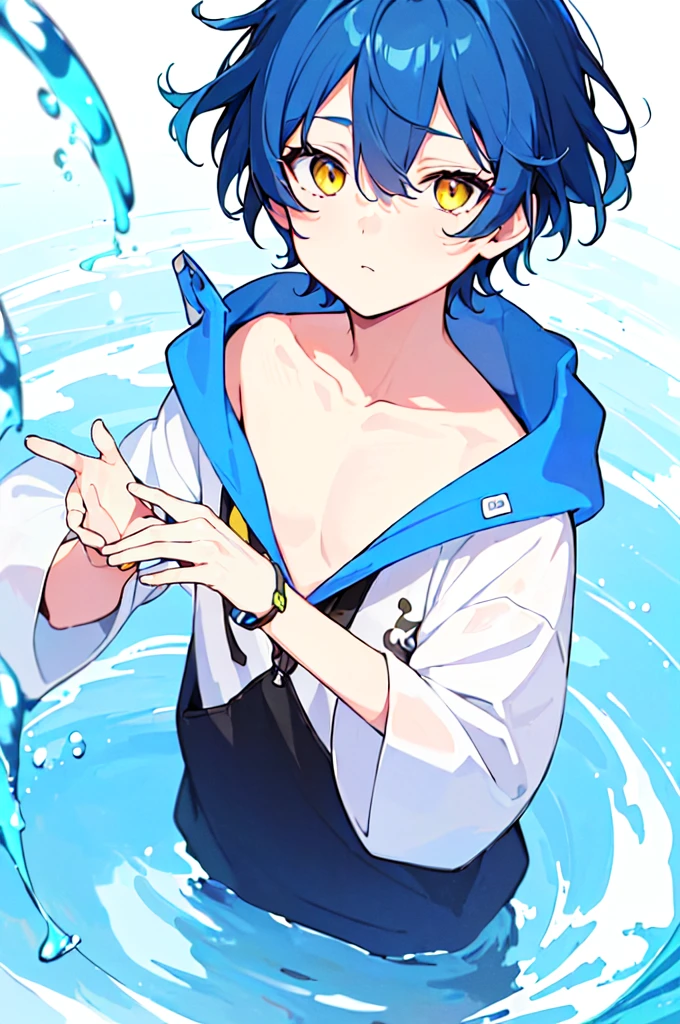 [(WHITE BACKGROUND:1.5),::5], ((((masterpiece)))), high quality, very_high_resolution, large_filesize, upper body, full color, ((Solo)), ((little boy)), 13 old year, men's short deepblue hair, vivid color, ((yellow eye)), Summer clothes white, animestyle, (NeonSoda Splash effect:1.3)