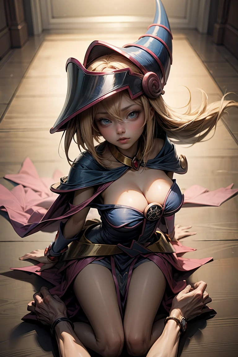 (masterpiece:1.2), (Best Quality:1.2), Perfect lighting, Black Magician Girl Casting a Spell, 20th Generation, Floating in the air, Big Breasts, Neckline, Blue Robe, Big hat, From above, shine, Yu-Gi-Oh! Games, The magic of the heart. Heart Light, Romantic Heart