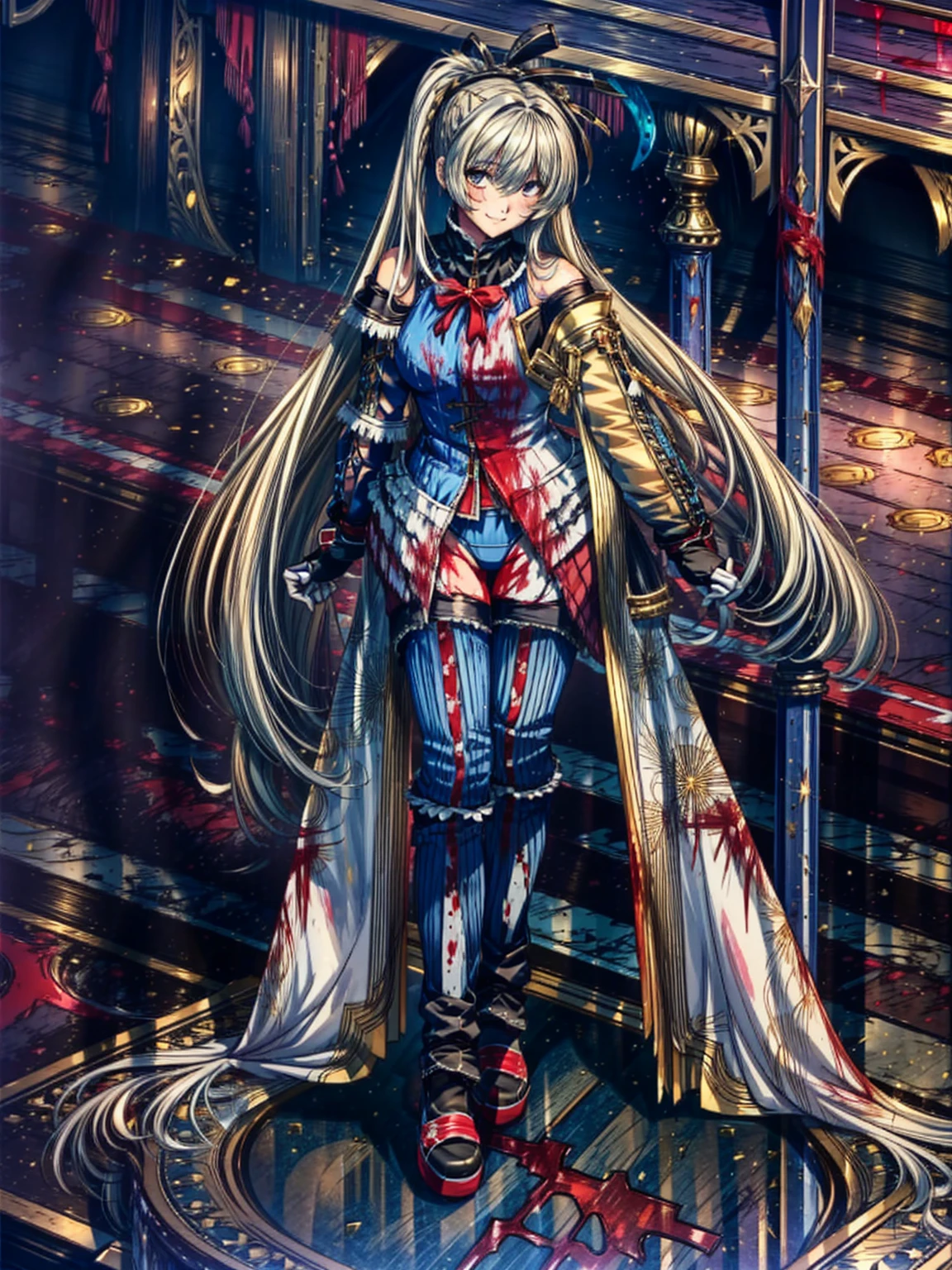 best masterpiece, ultra detailed, best quality, sharp focus, 12K, super high resolution picture, big tits,4K,Perfect Anatomy, highest quality, Marie Rose,Wicked Smile,Provocative attitude
,,Wicked Smile,Anime Style,(Ruffled swimsuit, Knee socks, Removed sleeve), (Anime Style:1.4) ,
,(White fingers:1.1,Black gloves),
Hollow Eyes,,1 Girl、(Bloodstained Arena:1.8),,(very long hair:1.6),(full body:1.4),
