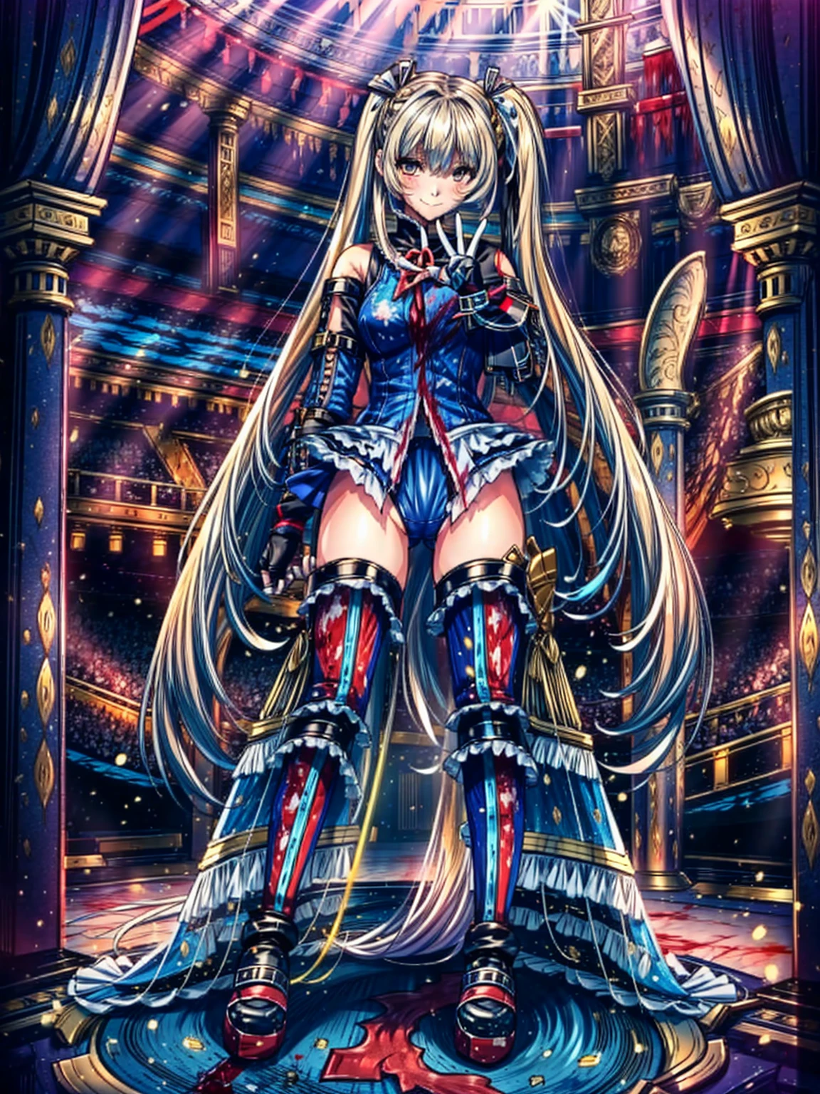 best masterpiece, ultra detailed, best quality, sharp focus, 12K, super high resolution picture, big tits,4K,Perfect Anatomy, highest quality, Marie Rose,Wicked Smile,Provocative attitude
,,Wicked Smile,Anime Style,(Ruffled swimsuit, Knee socks, Removed sleeve), (Anime Style:1.4) ,
,(White fingers:1.1,Black gloves),
Hollow Eyes,,1 Girl、(Bloodstained Arena:1.8),,(very long hair:1.6),(full body:1.4),