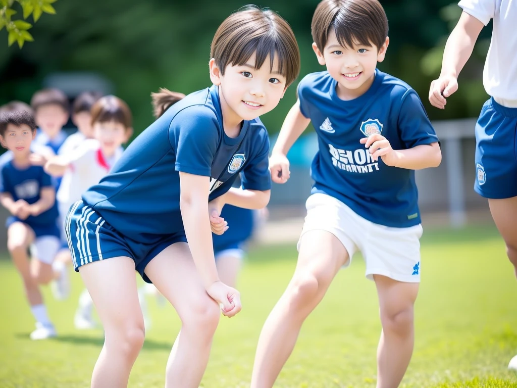 夏休みのprimary school校、primary school5Grade、Japan Boy、hot day、A boy on the move、Short sleeve gym uniform、Blue shorts、physical education、barefoot,(Boy 1.4)、Boys only 、(10Age 1.4)