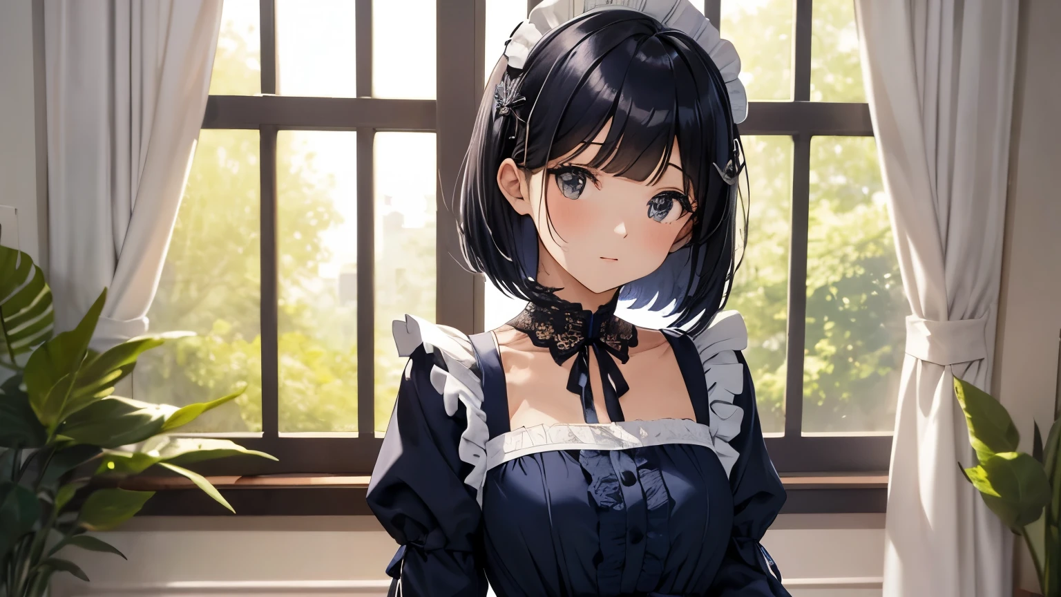 A beautiful girl wearing a navy blue maid outfit with lots of frills and lace Long sleeve Black bob with hair ornament Upper Body