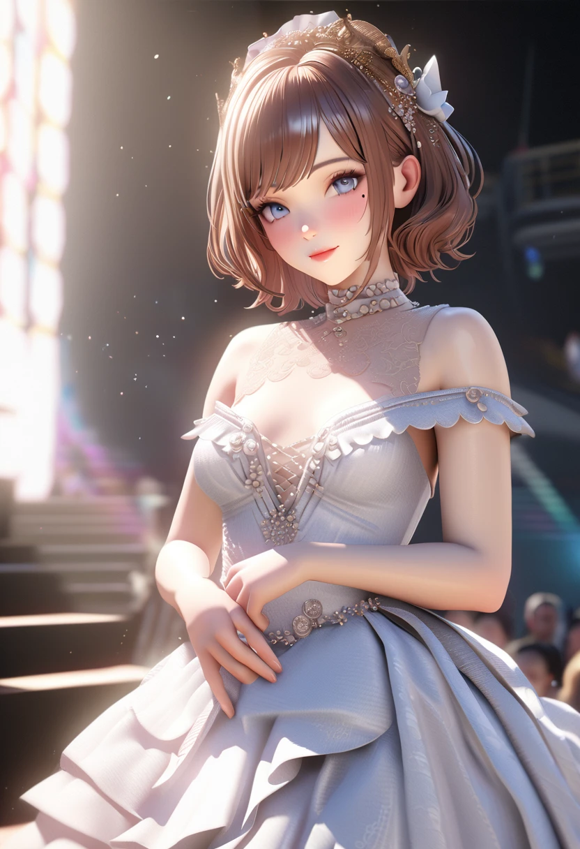 One girl, looking at the audience,
beautiful blue eyes, brown short hair, mole under eye, plump glossy lips, heart shaped choker, idol, smiling, . . . . 3D, realistic,
princess dress with too many frills, draped clothes, jewels, embellishments stripped away, floral patterns, lace trim, bright stage,
masterpiece, best quality, 8k, detailed skin texture, detailed fabric texture, beautifully detailed face, intricate details, highly detailed,
ultra high resolution, 8K Ultra HD, film grain, best shadows, delicate, looking at the audience, front