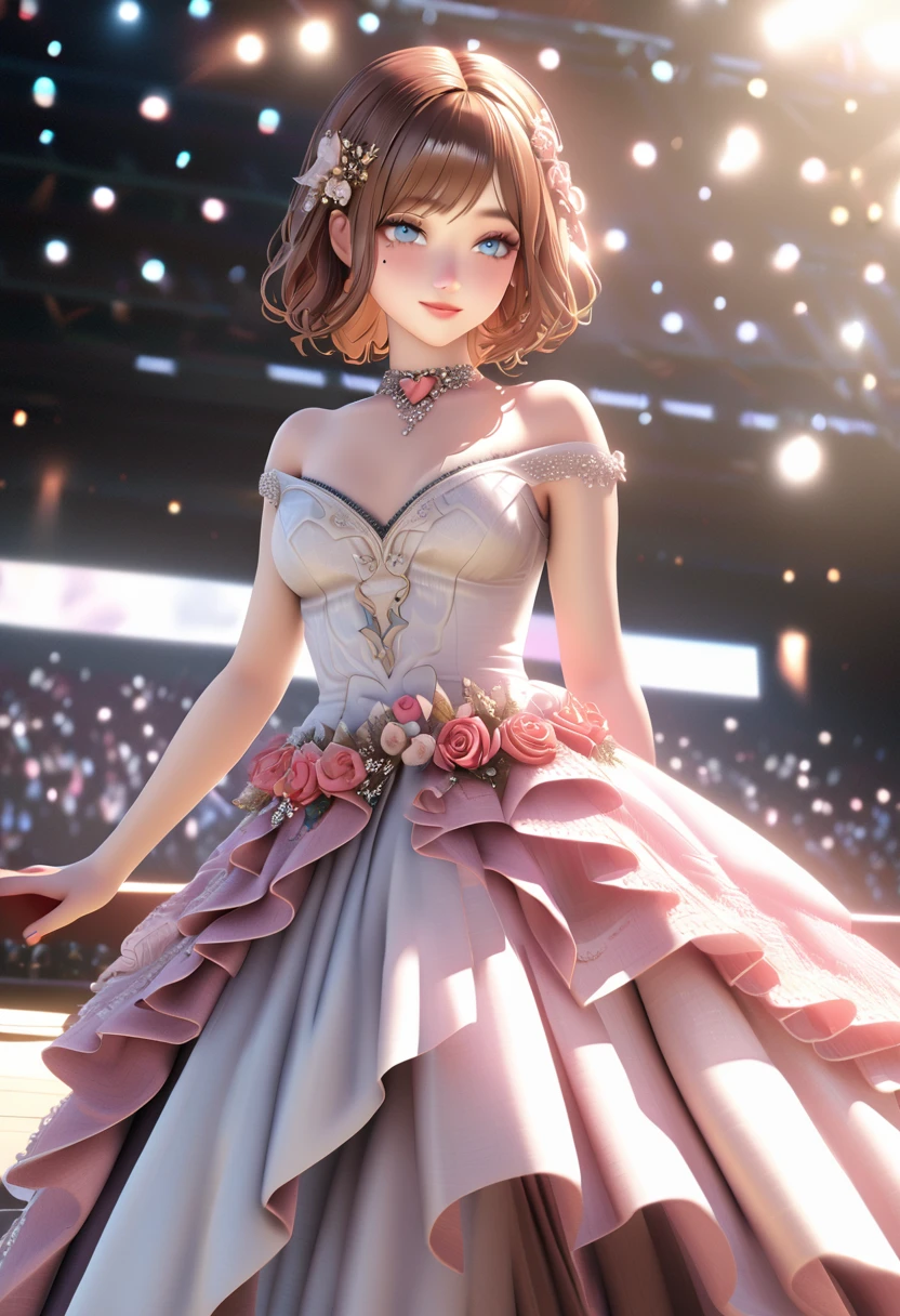 One girl, looking at the audience,
beautiful blue eyes, brown short hair, mole under eye, plump glossy lips, heart shaped choker, idol, smiling, . . . . 3D, realistic,
princess dress with too many frills, draped clothes, jewels, embellishments stripped away, floral patterns, lace trim, bright stage,
masterpiece, best quality, 8k, detailed skin texture, detailed fabric texture, beautifully detailed face, intricate details, highly detailed,
ultra high resolution, 8K Ultra HD, film grain, best shadows, delicate, looking at the audience, front
