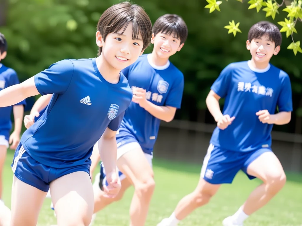 夏休みのprimary school校、primary school5Grade、Japan Boy、hot day、A boy on the move、Short sleeve gym uniform、Blue shorts、physical education、barefoot,(Boy 1.4)、Boys only 、(10Age 1.4)