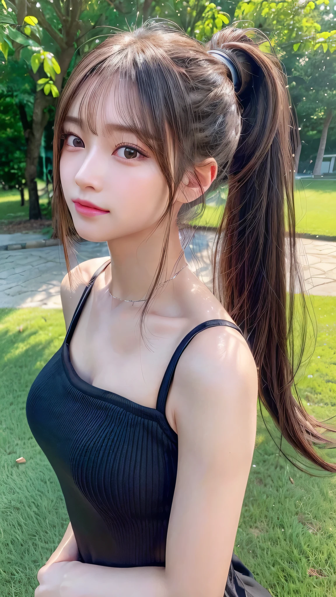 One piece with collar,outdoors,Urban Park,On the lawn,Ultra-detailed, finely detail, hight resolution, 8K Wallpaper, Perfect dynamic composition, Beautiful detailed eyes,Outdoor,Close-up of face,Outdoor,Blushing,Facing forward,,Long hair ponytail,((8K, Raw photo, Best Quality, Mastepiece:1.2), (Realism, Photorealistic:1.4), (Highly detailed 8k wallpaper), Depth of written boundary, Cinematic Lighting, Soft Light, Detailed Beauty Eye,Shiny and smooth light brown ponytail, Asymmetrical bangs, Shiny skin, Ultra-detailed skins ,It is high resolution., High detail, Detailed hairstyle, Detailed facial beauty, Hyper-realistic, Perfect limbs, Perfect Anatomy ,1 Japanese girl,Famous Japanese Idols, Perfect female body,A shy smile,Short eyelashes,Double-edged eyelids,Look straight here,Hair style: ponytail,