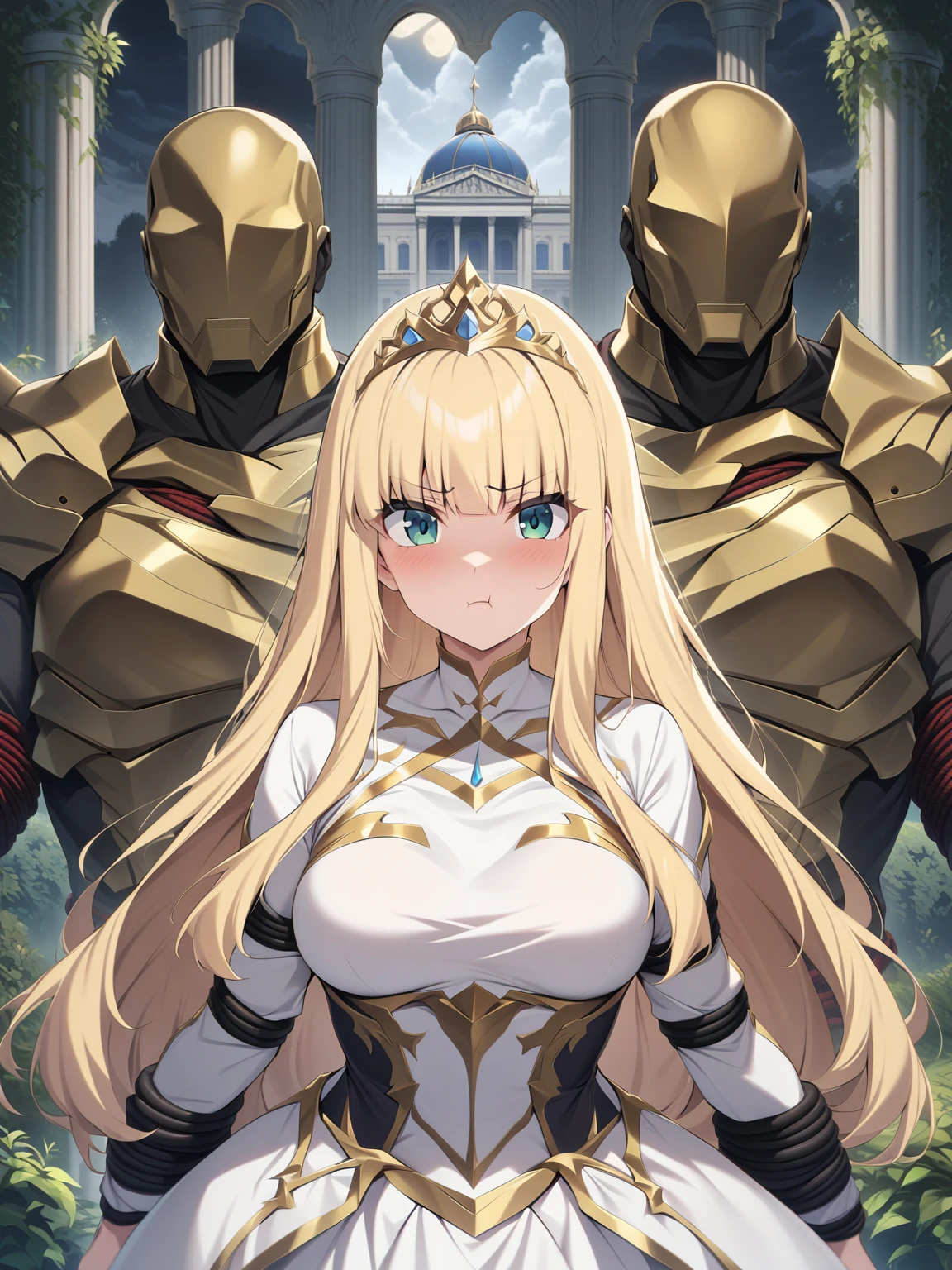{{upper body, straight-on}} {{Artist: moisture_(chichi)}} 1 woman, 2 guards on either side restraining her, 2 men wearing armor, mature female, elegant, princess, medium breasts, straight hair, golden hair, long hair, hime cut, green eyes, white dress, gold trim, tiara, looking at viewer, pout, restrained by two men, faceless male, outdoors, garden, palace, cloudy, moonlight, window.