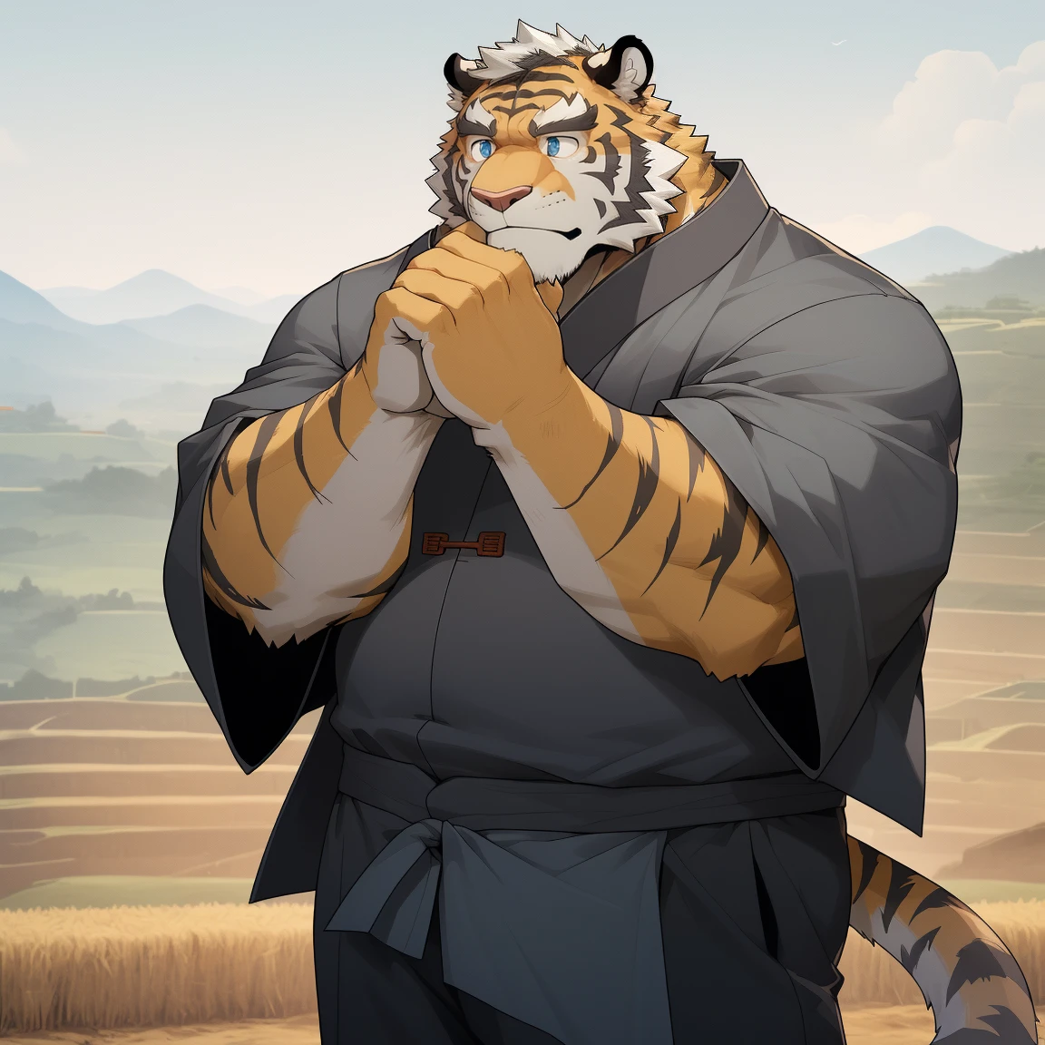 masterpiece, best quality, 8k resolution, Very detailed, hairy，tiger，((White short hair))，Strong body，((Fifty years old)),((Middle-aged and elderly))，(((Blue eyes)))，For the audience，portrait，(Highest quality scene)，(((Gray cloth)))，((Solitary))，Black trousers，whole body，((Touching his chin and thinking))，(Mature)，(((Chinese countryside)))，((yellow fur)),Standing，((farmer))