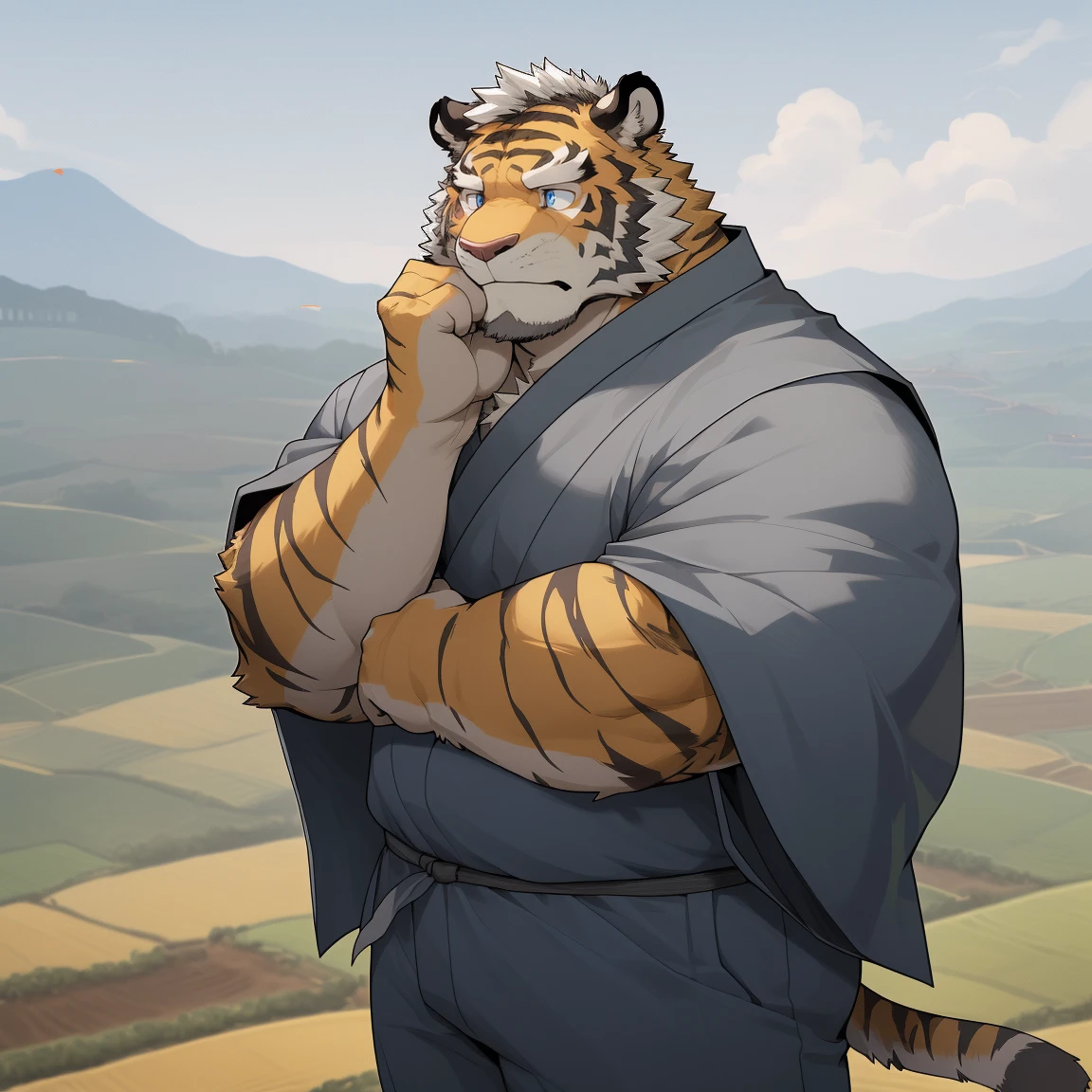masterpiece, best quality, 8k resolution, Very detailed, hairy，tiger，((White short hair))，Strong body，((Fifty years old)),((Middle-aged and elderly))，(((Blue eyes)))，For the audience，portrait，(Highest quality scene)，(((Gray cloth)))，((Solitary))，Black trousers，whole body，((Touching his chin and thinking))，(Mature)，(((Chinese countryside)))，((yellow fur)),Standing，((farmer))