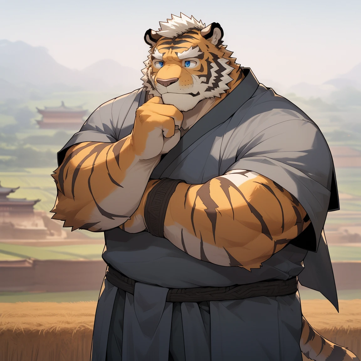 masterpiece, best quality, 8k resolution, Very detailed, hairy,tiger,((White short hair)),Strong body,((Fifty years old)),((Middle-aged and elderly)),(((Blue eyes))),For the audience,portrait,(Highest quality scene),(((Gray cloth))),((Solitary)),Black trousers,whole body,((Touching his chin and thinking)),(Mature),(((Chinese countryside))),((yellow fur)),Standing,((farmer))