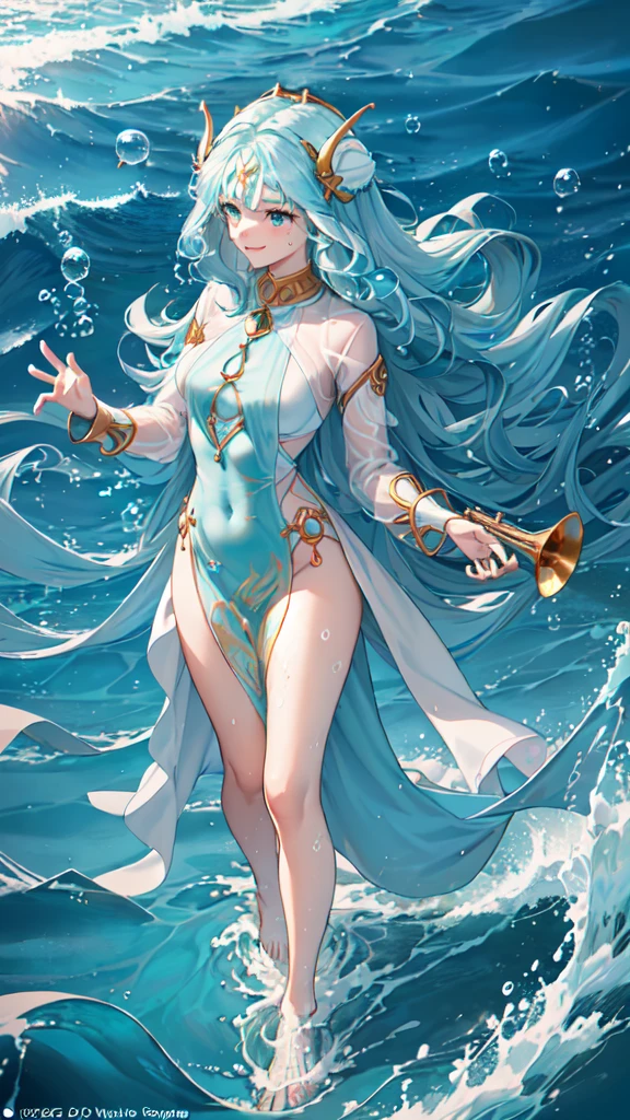 Name: Kalindi
Element: Aquascend
Description: The aquatic witch of the celestial sea, adept at harnessing the mystical energy within the tides.
Prompt: ((((sensual, ethereal)), (artist's blockbusters, next week's masterpiece))), 1girl, water, (blue water), (ocean), (waves), 3/4 view, looking to side, (wet hair), (flowing wavy hair), (long hair), (glowing hair highlights), (skin:1), (glowing aquamarine), (wave-like facial structure ((wave-like eyebrows)), (rare), (mystical), (dreamy), (bubbly), (glass-like sea), (emergence from foam), (((trumpet-like bubbles))),smile face, silly face, funny style, wearing a long dress and shirt white