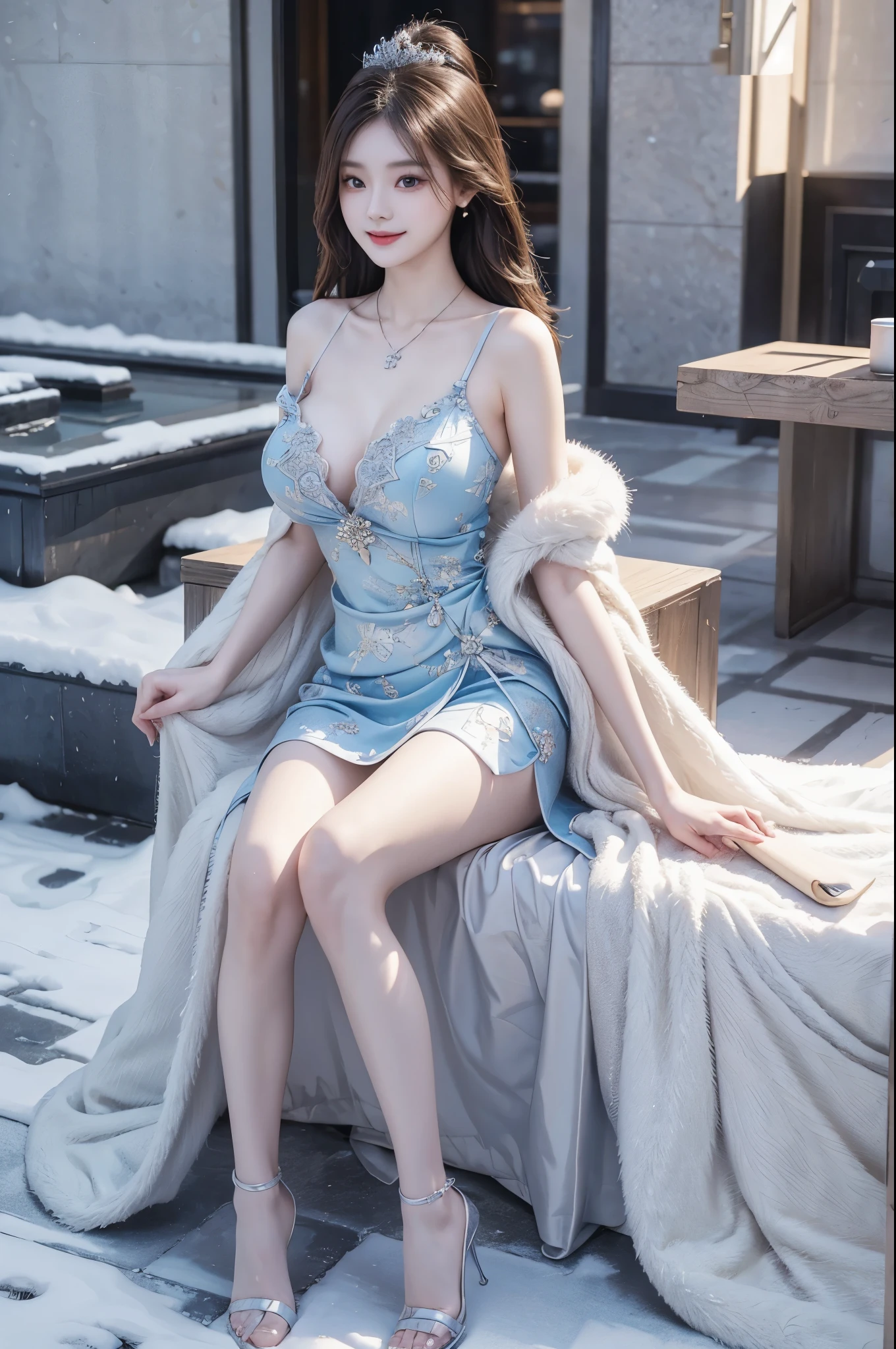 /I A 29 year old Chinese girl wearing a necklace, inspired by Sim Sa jeong, Azure. Fine hair, winter princess, ice princess, plump, antique style artwork, 8K), fantasy aesthetics Guvez, Ice and Snow Queen, 8K high-quality/detailed art, sweet smile, full body shot, snow scene, action shot, super realistic --ar 9:16 --v 6.0