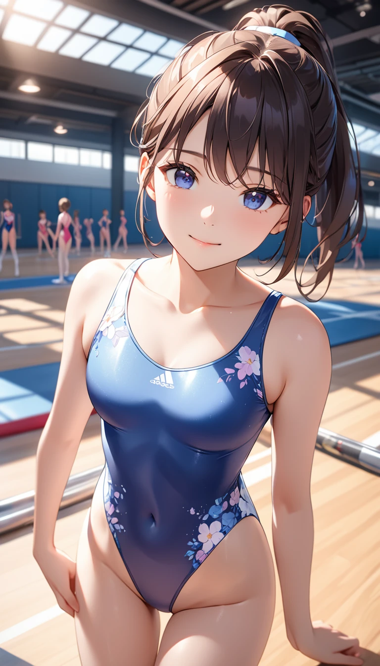 expensivequality illustration, masterpiece, Very delicate and beautiful, Attractive girl,(Gymnastics leotard, Floral print leotard,キラキラ輝く装飾が施されたLong sleeve leotard,expensive_Leg leotard,athletic leotard,tight-fitting leotard,Gradient leotard,Long sleeve leotard),thin,Slender body,slim,expensive school,Gymnasium background,Gymnastics Club,Gymnast,Princess, Beautiful Eyes,A light smile,(masterpiece, Highest quality:1.2), expensiveres, 非常に詳細な CG ユニティ 8K 壁紙, Perfect lighting, colorful, ultra-expensive res,4K,Super detailed, photograph, 8K, High resolution, 17 years old, 