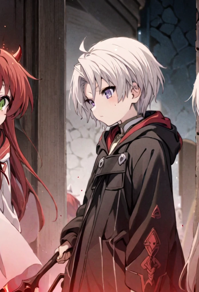 Highest quality, movie quality, the battle between the devil and the god of death, the devil (girl, 10 years old, red hair, wearing a tsuntsun head and horn, red aura), Shinigami (boy, 9 years old, white hair, straight hair, hooded robe, black sickle), the background is Tsukiyo and Venice