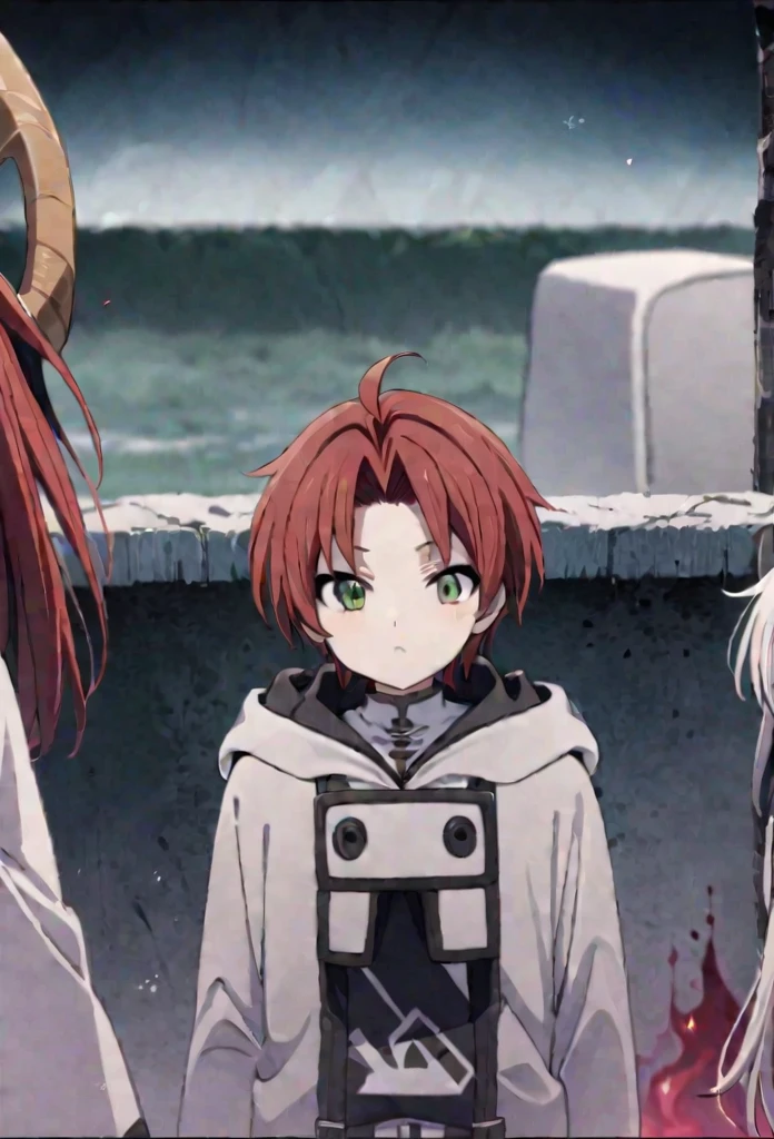 Highest quality, movie quality, the battle between the devil and the god of death, the devil (girl, , red hair, wearing a tsuntsun head and horn, red aura), Shinigami (boy, 9 years old, w, straight hair, hooded robe, black sickle), the background is Tsukiyo and Venice