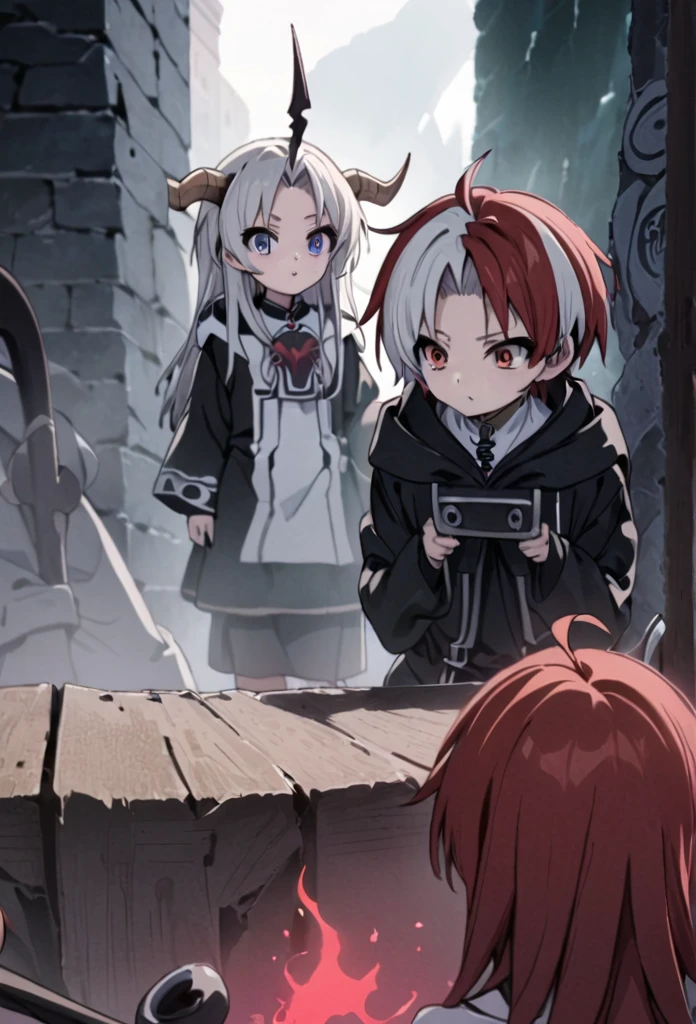 Highest quality, movie quality, the battle between the devil and the god of death, the devil (girl, 10 years old, red hair, wearing a tsuntsun head and horn, red aura), Shinigami (boy, 9 years old, white hair, straight hair, hooded robe, black sickle), the background is Tsukiyo and Venice