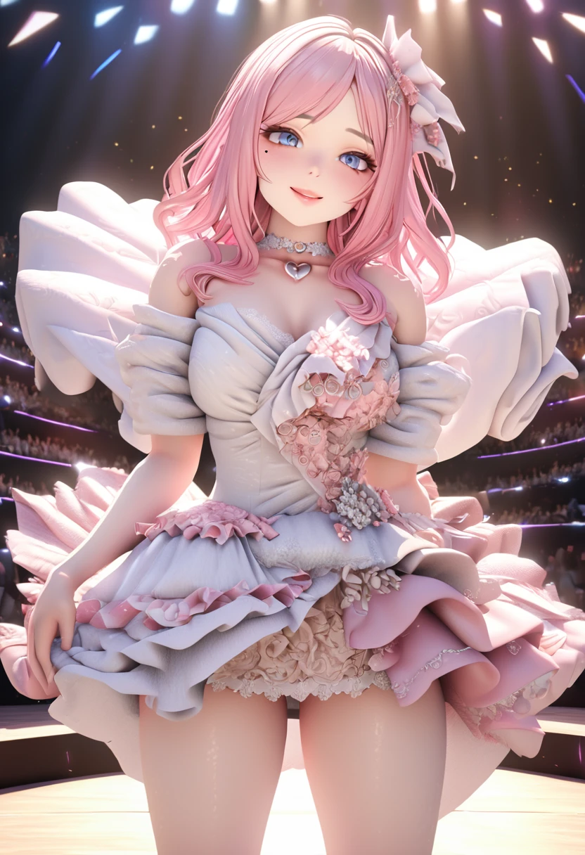 One girl looking at the audience, beautiful blue eyes, pink medium long hair, mole under eye, plump glossy lips, heart shaped choker, idol, smiling, ... 3D, realistic, princess dress with too many frills, mini skirt, draped clothes, jewels, stripped of embellishments, floral print, lace trim, bright stage, masterpiece, best quality, 8k, detailed skin texture, detailed fabric texture, beautifully detailed face, intricate details, highly detailed, ultra high resolution, 8K Ultra HD, film grain, best shadows, delicate, looking at the audience, frontal