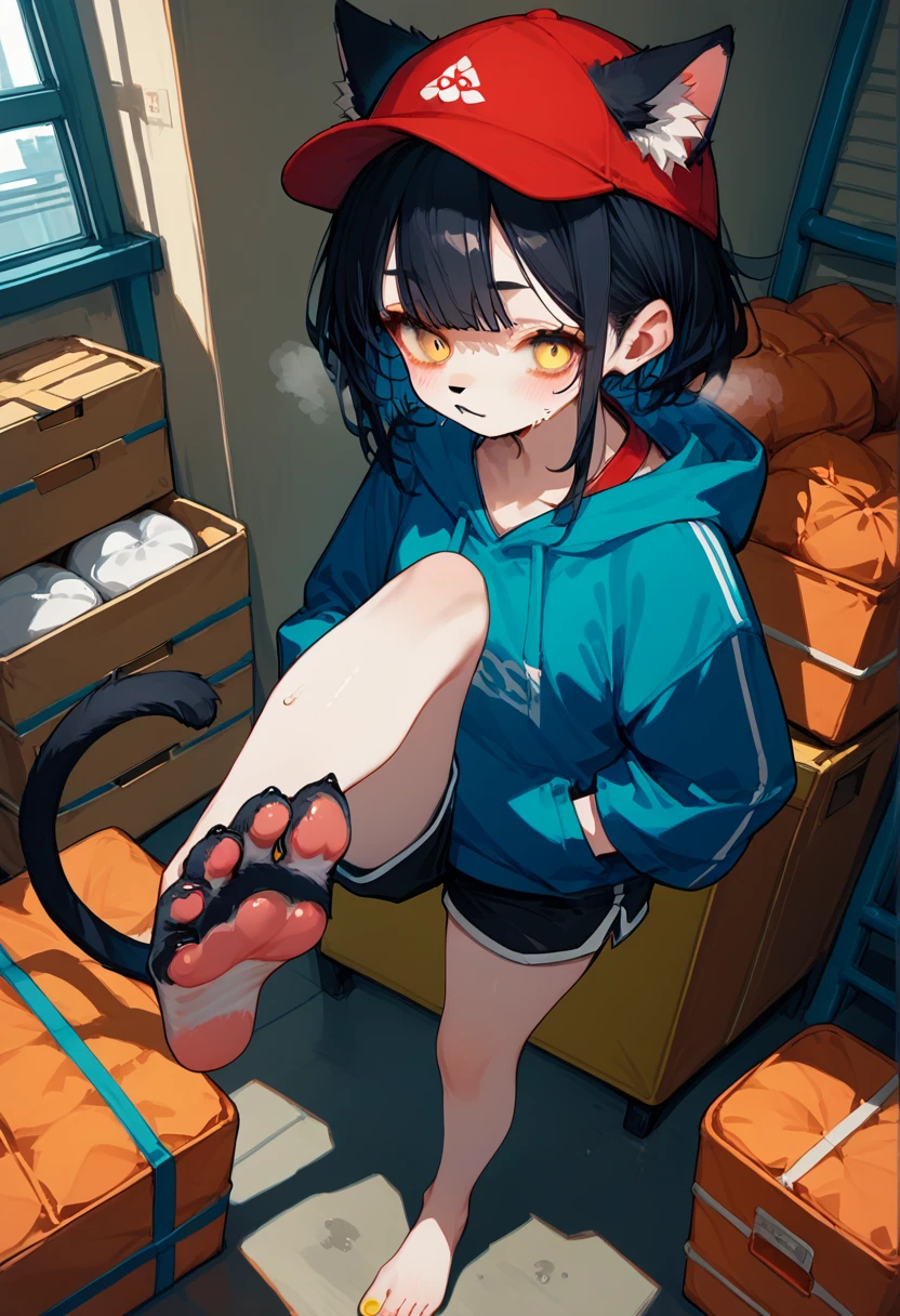 score_9,score_8_up,score_7_up,score_6_up,score_5_up,source_anime,source_furry, furry female, cat girl, black fur, yellow eyes, black hair, paw_sloe,sharp_toenails, pawpads, (standing and show foot,standing and toe-point,toe-point,from above,standing,foot focus,leg up,fish eye,standing on one leg), 

gym storeroom, hoodie,baseball cap,hands in pockets,micro shorts,steaming and sweat foot