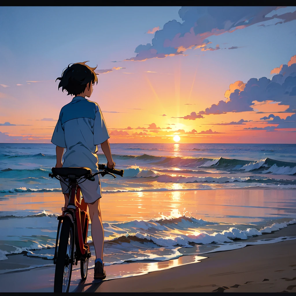 Studio Ghibli Style HMC, Studio Ghibli Style HMC, Beach sunset bike view,Blues, One boy,landscape,Beautiful sunset,
