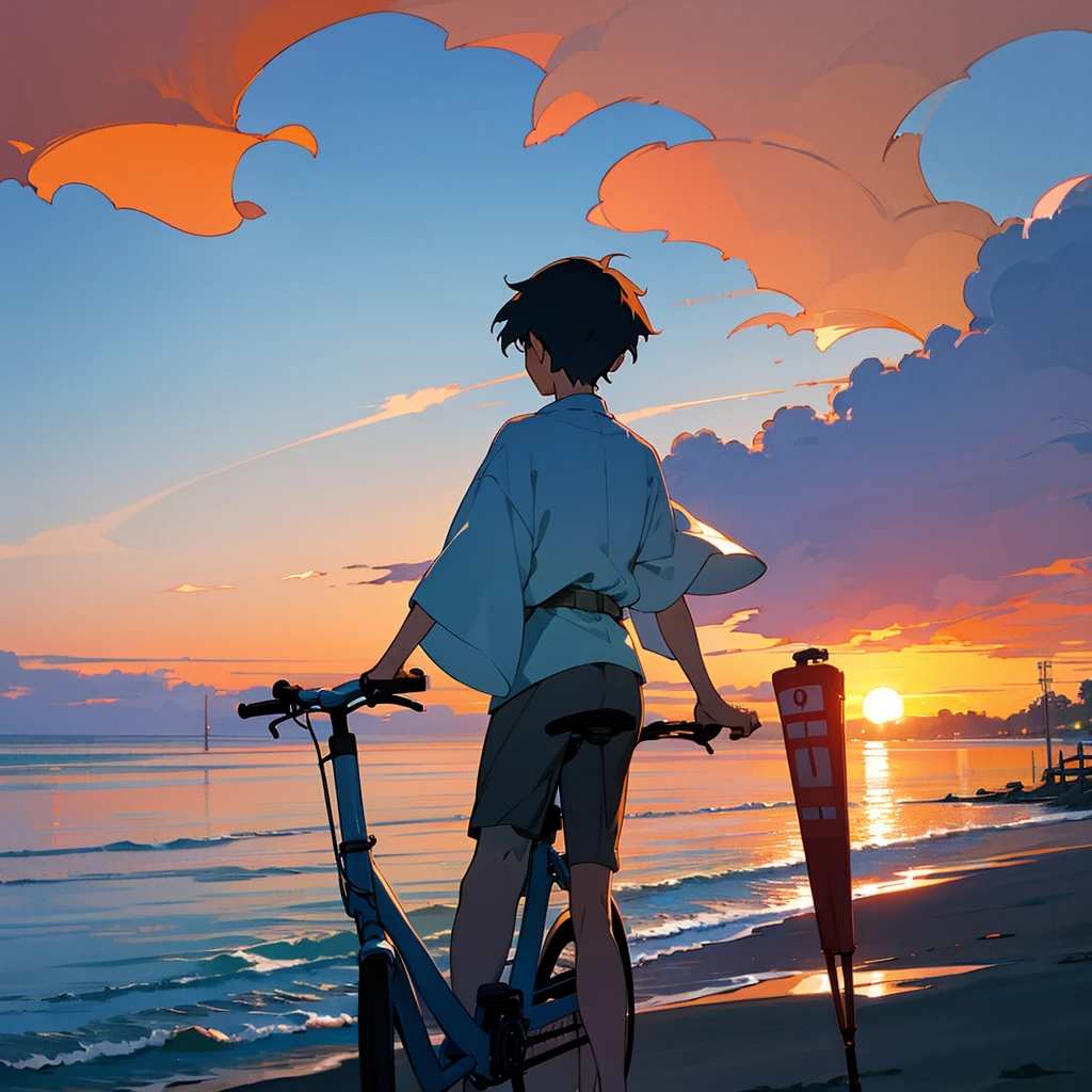 Studio Ghibli Style HMC, Studio Ghibli Style HMC, Beach sunset bike view,Blues, One boy,landscape,Beautiful sunset,