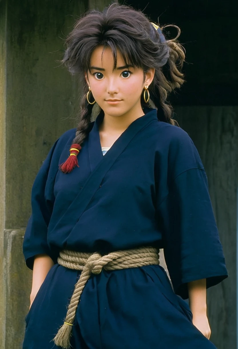 A Ghibli's studio character. With messy hair and dark large clothes. Her belt is a rope and she wear very noticeable earrings 