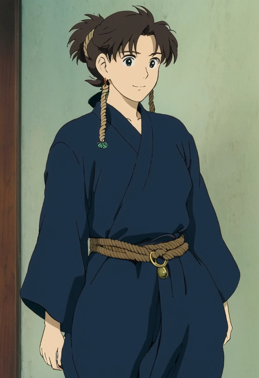 A Ghibli's studio character. With messy hair and dark large clothes. Her belt is a rope and she wear very noticeable earrings