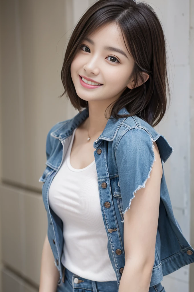 Flying debris、highest quality、shape、 Very detailed、Fine details、 High resolution、8K Dende Wallpaper、Perfect dynamic composition、27歳のpretty girl、pretty girl、Beautiful face in every detail、Small and cute eyes、Textured skin、A modest smile、Wavy short hair、Small breasts、Casual wear、Wear a jacket over a sleeveless shirt、Bold sexy pose、