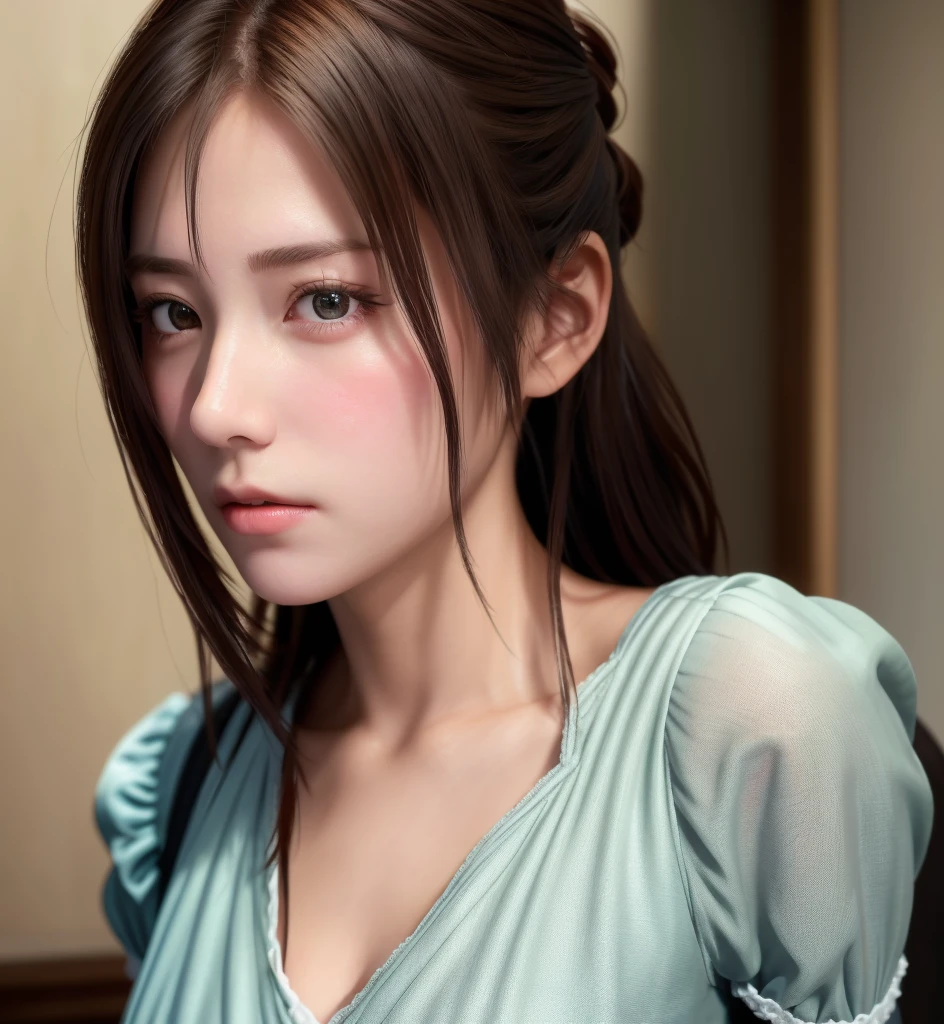 8K, of the highest quality, masutepiece:1.2), (Realistic, Photorealsitic:1.37), of the highest quality, masutepiece, Beautiful young woman, Pensive expression,、A charming、and an inviting look, Cute Maid Clothes, Hair tied back, Cinematic background, Light skin tone