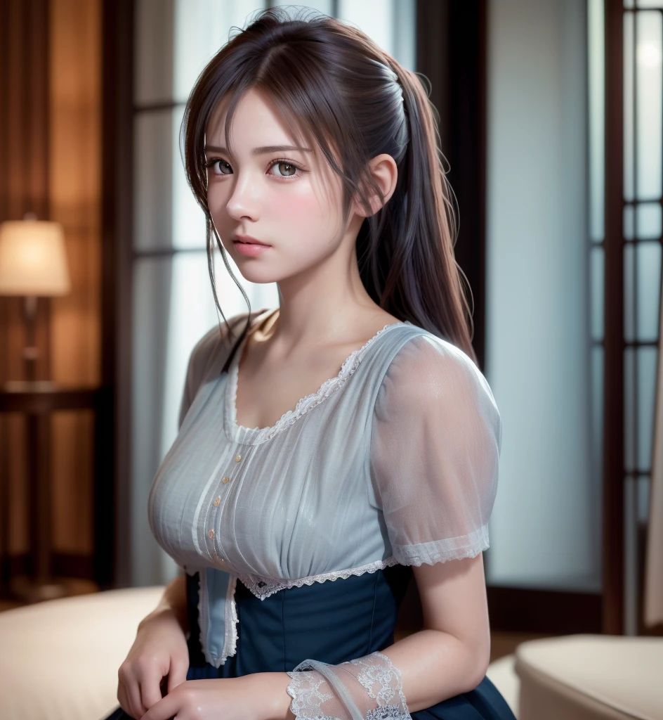 8K, of the highest quality, masutepiece:1.2), (Realistic, Photorealsitic:1.37), of the highest quality, masutepiece, Beautiful young woman, Pensive expression, Thoughtful look, Cute Maid Clothes, Hair tied back, Messy mood, Cinematic background, Tired, Light skin tone