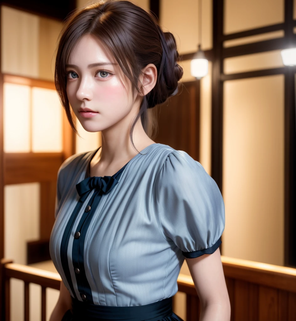 8K, of the highest quality, masutepiece:1.2), (Realistic, Photorealsitic:1.37), of the highest quality, masutepiece, Beautiful young woman, Pensive expression, Gentle look, Cute Maid Clothes, Hair tied back, feeling radiant, Cinematic background,, Light skin tone