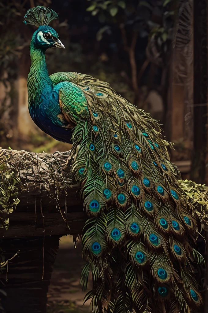peacock sitting on a branch with its tail spread out in garden, background garden with various kind of roses and flowers strong bokeh, peacock colors, 9 peacock tails, peacock, 9 brilliant peacock tails, colorful plumage, beautiful and graceful, beautiful feathers, peacock. intricate, peacock feathers, beautiful nature, beautiful photo, feathered, beautiful creature, beautiful and elegant
