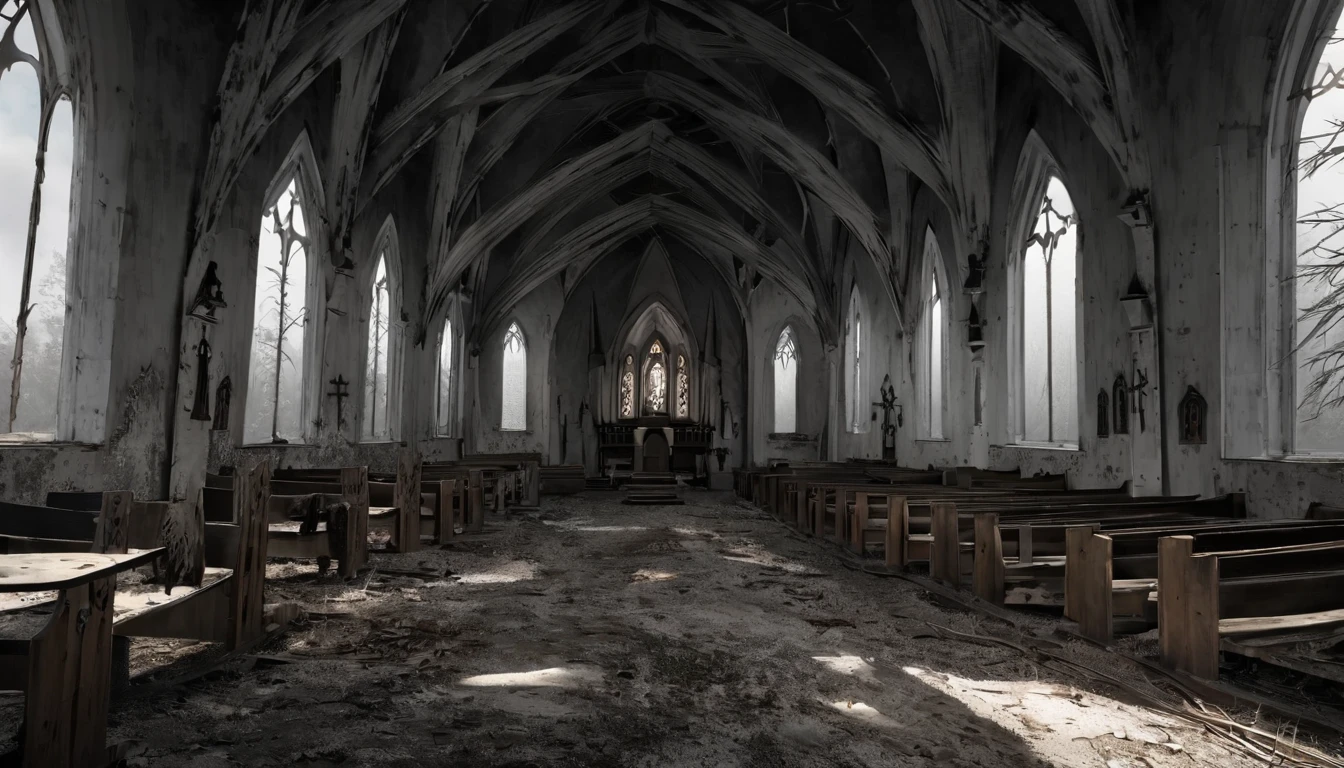 there is a small white church with a steeple on the front, church in the wood, white church background, church, an abandoned old, southern gothic scene, ribbon chapel, churches, southern gothic, marilyn church h, dark gloomy church, an abandoned, shot with a canon 20mm lens, white building, isolated, religious, southern gothic art, haunted