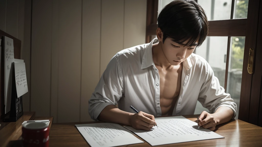 White corean adolescent man at his room writing a letter down suspense style with a suspicious look open photography low lights stripped clothes