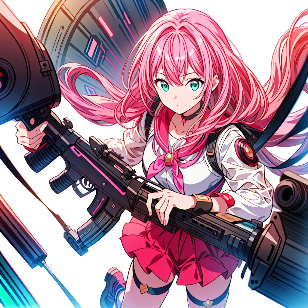 1girl、[17277fbe68],minaba hideo、High quality、Maximum detail、(((highest quality、Masterpiece、Official Art、The best dynamic composition)))、(Fine hair)、(Tabletop, highest quality), Super detailed, Anime Style, whole body, Cyberpunk Girl, Gripping a high-tech rifle, Pink Hair, Glowing green eyes, Wearing a magical girl costume , 8K High Resolution, Trend Art Station, White Background, Standing in the Wilderness, whole body,