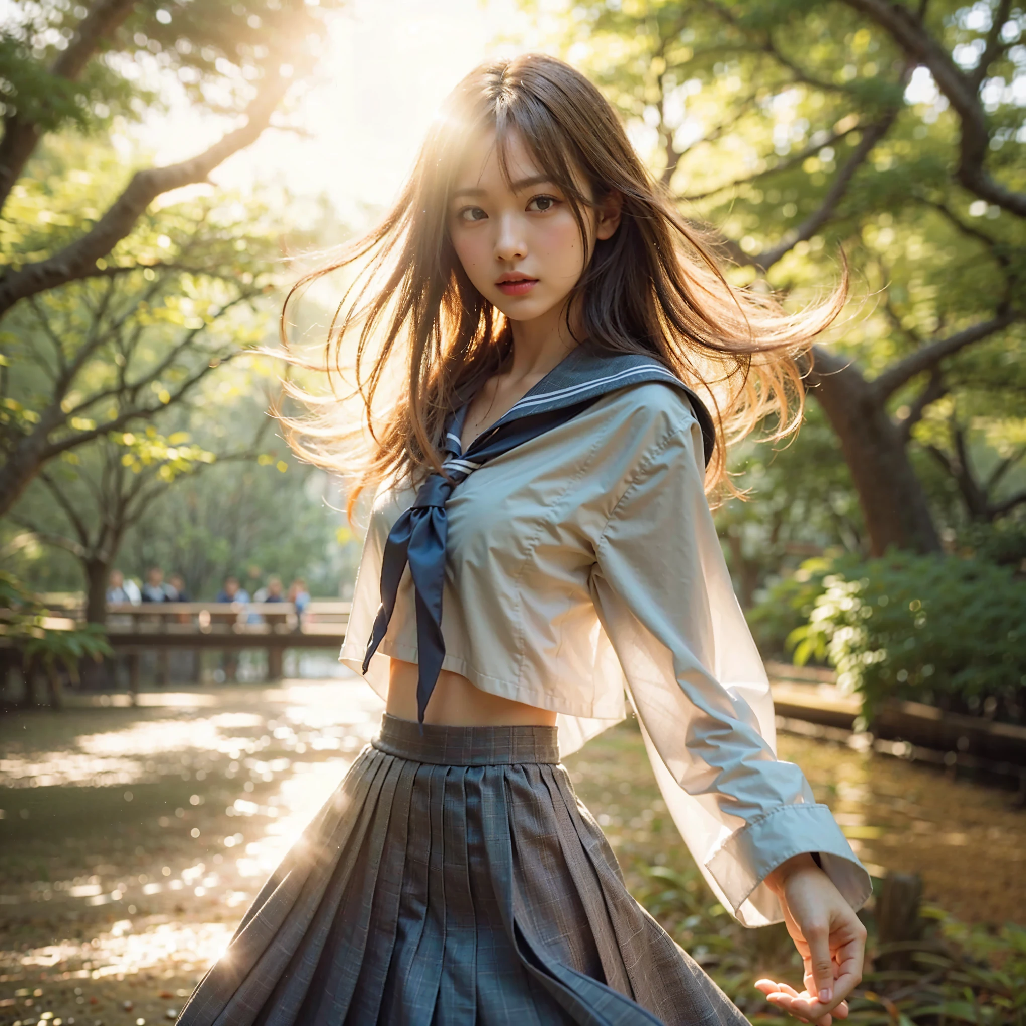 (masterpiece, best quality:1.2), (8k, uhd, ultra high res), professional lighting, (super intricate all details), (super realistic all textures), realistic photo, ultra sharp photo result, superrealism, Lakeside park with sunlight shining through the trees, (school uniform, shirt, skirt), japanese female, 17 years old, , skinny body, flat chest, (Tanned wheat skin:1.2), beautiful face, super detailed face, Dramatic poses with movement