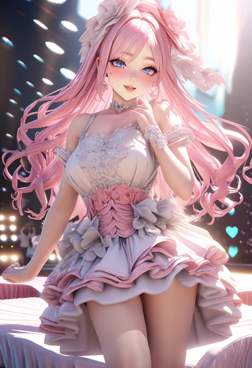 One girl looking at the audience, beautiful blue eyes, pink medium long hair, mole under eye, plump glossy lips, heart shaped choker, idol, smiling, ... 3D, realistic, princess dress with too many frills, mini skirt, draped clothes, jewels, stripped of embellishments, floral print, lace trim, bright stage, masterpiece, best quality, 8k, detailed skin texture, detailed fabric texture, beautifully detailed face, intricate details, highly detailed, ultra high resolution, 8K Ultra HD, film grain, best shadows, delicate, looking at the audience, frontal