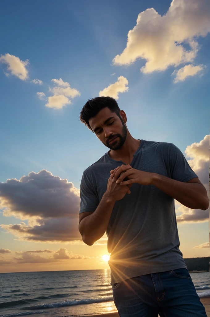 Man with his hand sun

