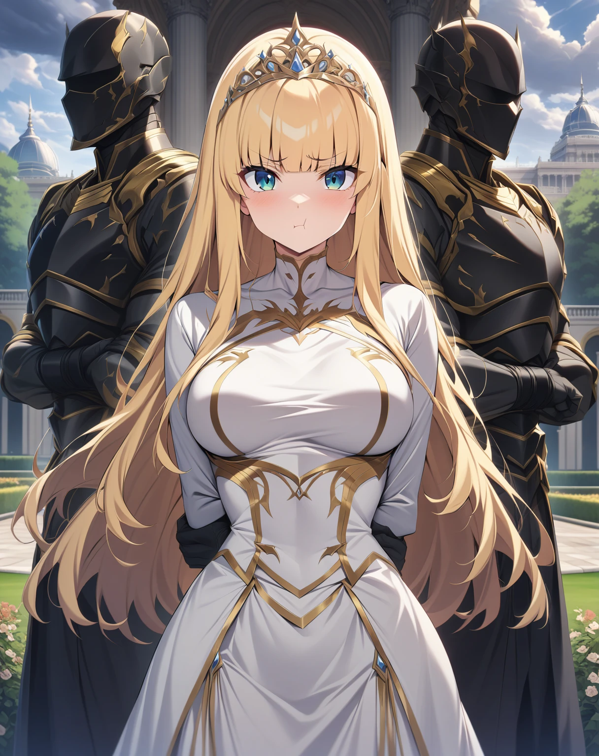 {{upper body, straight-on}} {{Artist: moisture_(chichi)}} 1 woman, 2 guards on either side restraining her, 2 men wearing armor, mature female, elegant, princess, medium breasts, straight hair, golden hair, long hair, hime cut, green eyes, white dress, gold trim, tiara, looking at viewer, pout, restrained by two men, faceless male, outdoors, garden, palace, cloudy, moonlight, window.