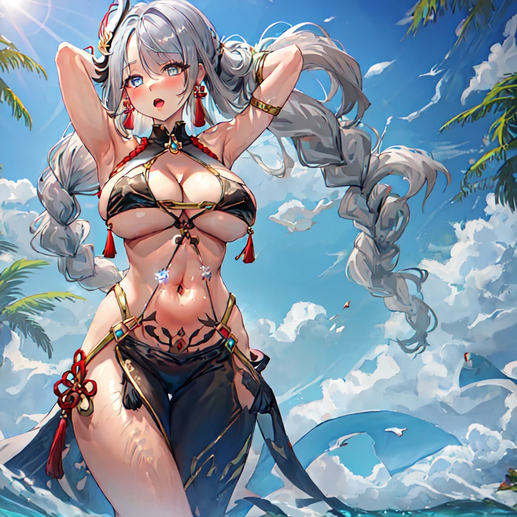 best quality, masterpiece, highres, solo, {shenhe_genshin:1.15}, long_hair, blue_eyes, bangs, hair_over_one_eye, breasts, hair_ornament, large_breasts, jewelry, grey_hair, white_hair, tassel, earrings, very_long_hair, braid, breast_curtain, 1girl, bikini, blue_sky, cloud, day, looking_at_viewer, outdoors, sky, swimsuit, tassel_earrings, bare_shoulders, black_bikini, cleavage, upper_body, blush, from_below, navel, open_clothes, ponytail, skindentation, stomach, underboob, chubby, large belly, (big belly:1.4), round belly, shocked, open mouth, her belly swelling, (hands behind head:1.4), (solo:1.5), swollen belly, midriff, navel