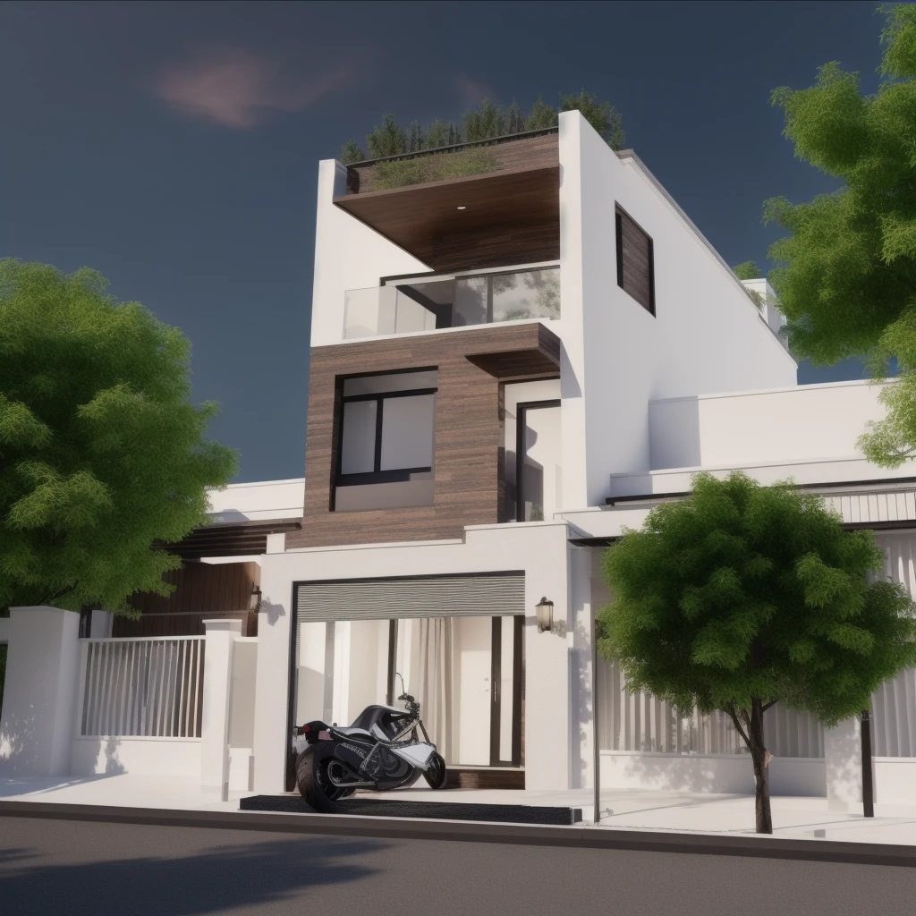 arafed house with a motorcycle parked in front of it, frontview, mid-view, concept house, front perspective, front-view, render, highly rendered!!, render vray, render 3 d, final render, professional render, 3 d rendering, 3d rendering, 3d finalrender, 3 d finalrender, rendered, complete house, d render