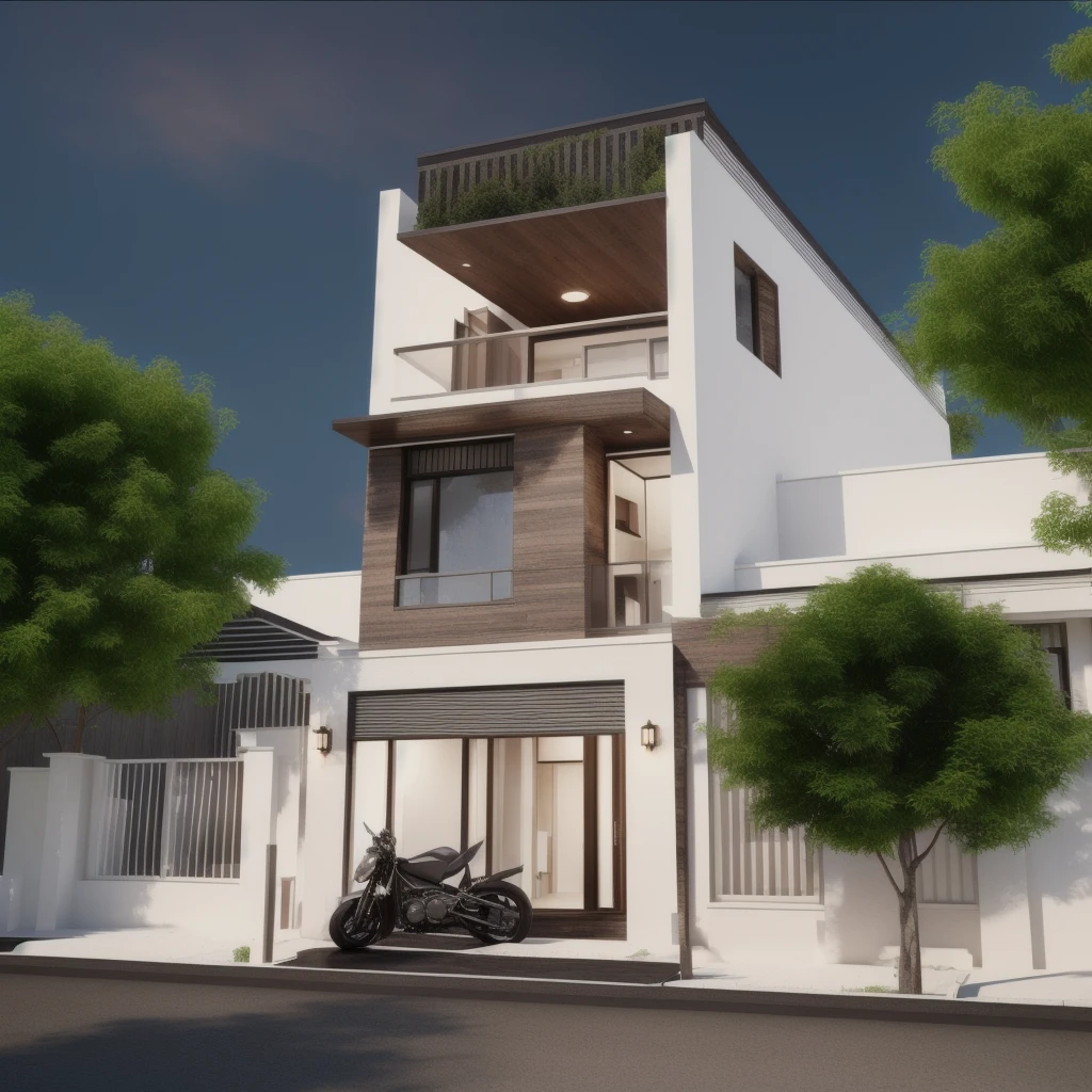 arafed house with a motorcycle parked in front of it, frontview, mid-view, concept house, front perspective, front-view, render, highly rendered!!, render vray, render 3 d, final render, professional render, 3 d rendering, 3d rendering, 3d finalrender, 3 d finalrender, rendered, complete house, d render