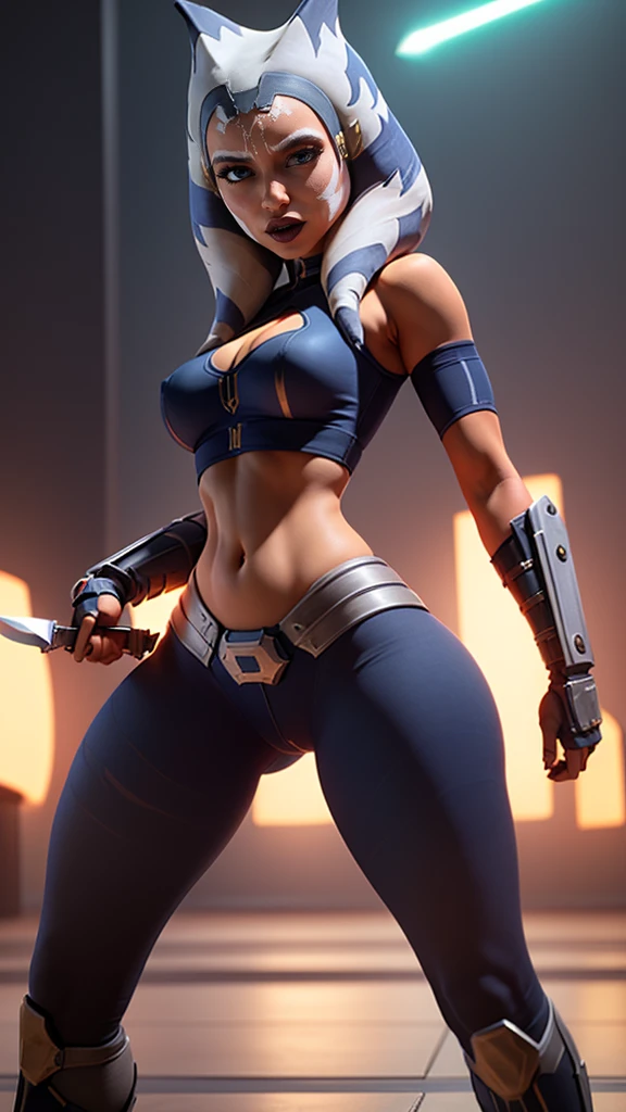 (Full portrait body:1.2), perfect woman figure, flirting, (masterpiece, best quality, ultra-detailed), (background battle, droids, robots, star wars,, night, war, battle), extremely detailed eyes, Ahsoka Tano, shining skin, blue eyes, makeup, (blue crop top), blue shirt, vambraces, fingerless gloves, ideal body, out fit top, perfect anatomy, long legs, perfect hips, blue leggings,big breast ,large perfect chest, A top with a cutout on the chest, Fighting stance, good hands, Smooth fingers on the hands, she holds a knife in his hand
