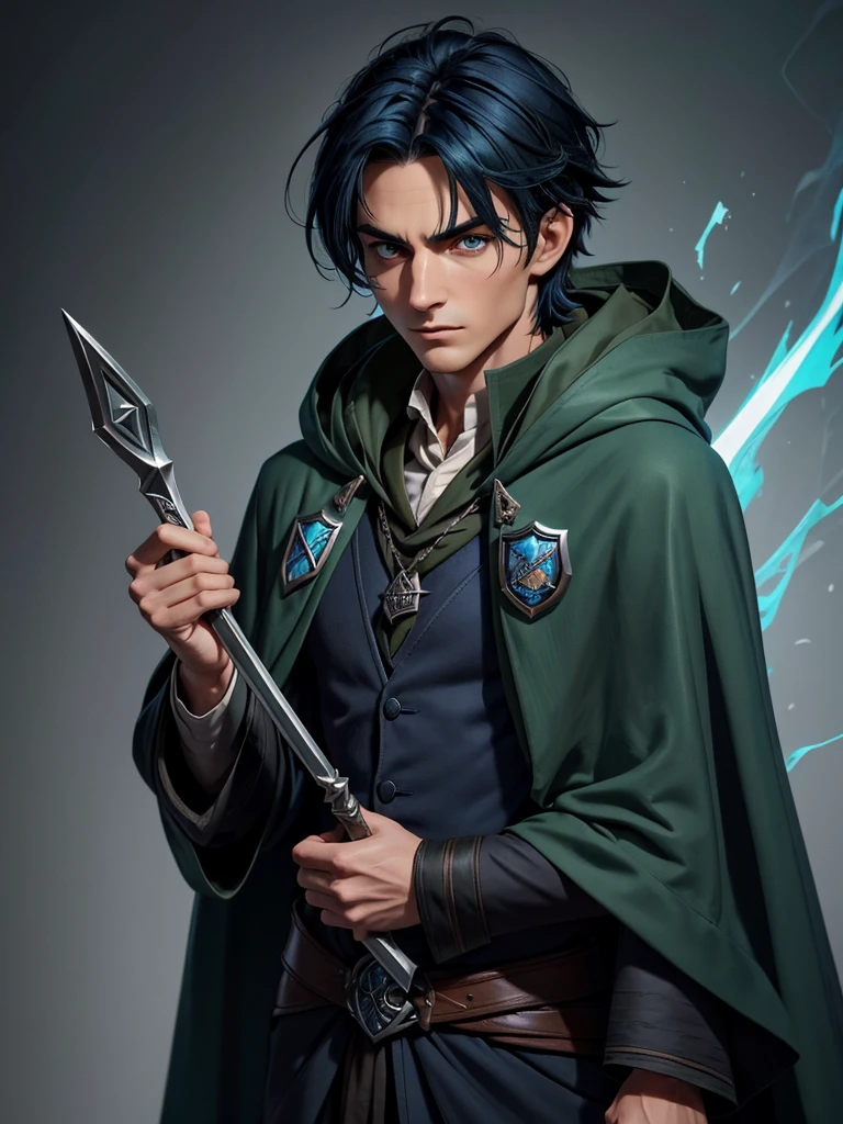 (best quality), 1boy, male, olive skin, black hair, blue tips, blue streaked hair, medium hair, asymmetric hairstyle, swoopy hair, blue eyes, perfect eyes, smug, hogwarts cloak, harry potter universe, slytherin, slender, masterpiece, anatomically correct, highres