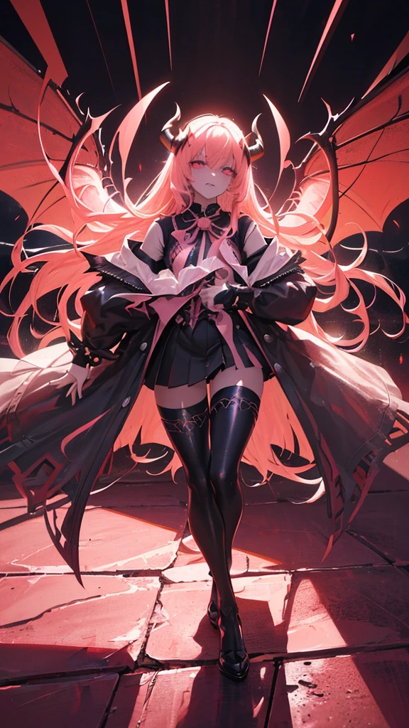 a beautiful long-haired girl with pink eyes, demon horns, demon wings, and a mischievous expression, (best quality,4k,8k,highres,masterpiece:1.2),ultra-detailed,(realistic,photorealistic,photo-realistic:1.37),intricate details,cinematic lighting,dark fantasy,vibrant colors,dramatic shadows,moody atmosphere,digital painting,black hair