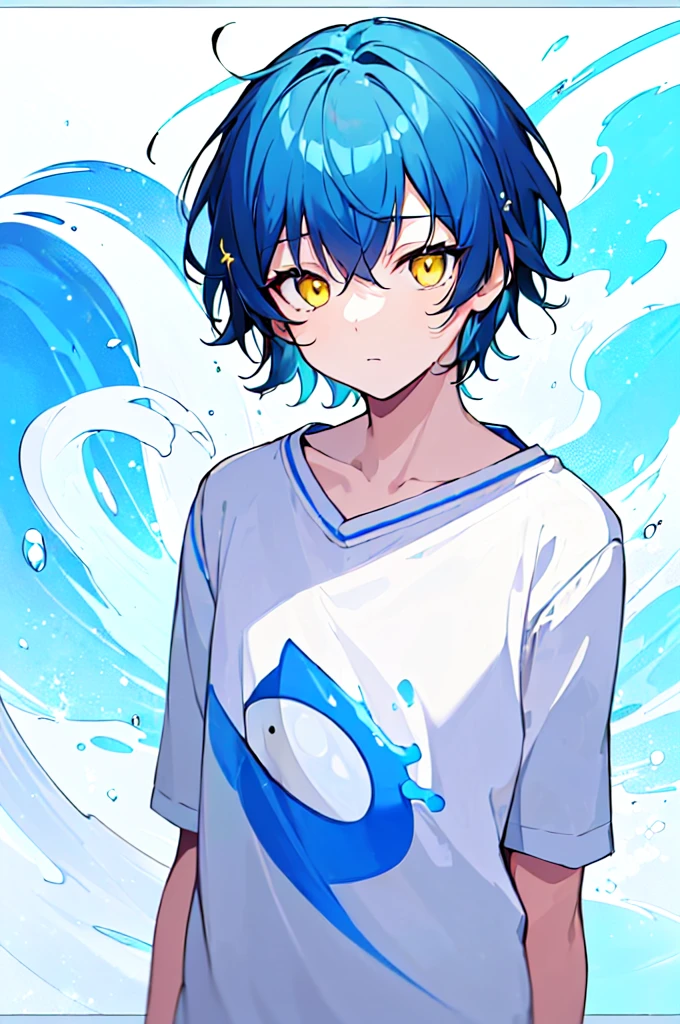 [(WHITE BACKGROUND:1.5),::5], ((((masterpiece)))), high quality, very_high_resolution, large_filesize, upper body, full color, ((Solo)), ((little boy)), 13 old year, men's short deepblue hair, vivid color, ((yellow eye)), Summer clothes white, animestyle, (NeonSoda Splash effect:1.3)